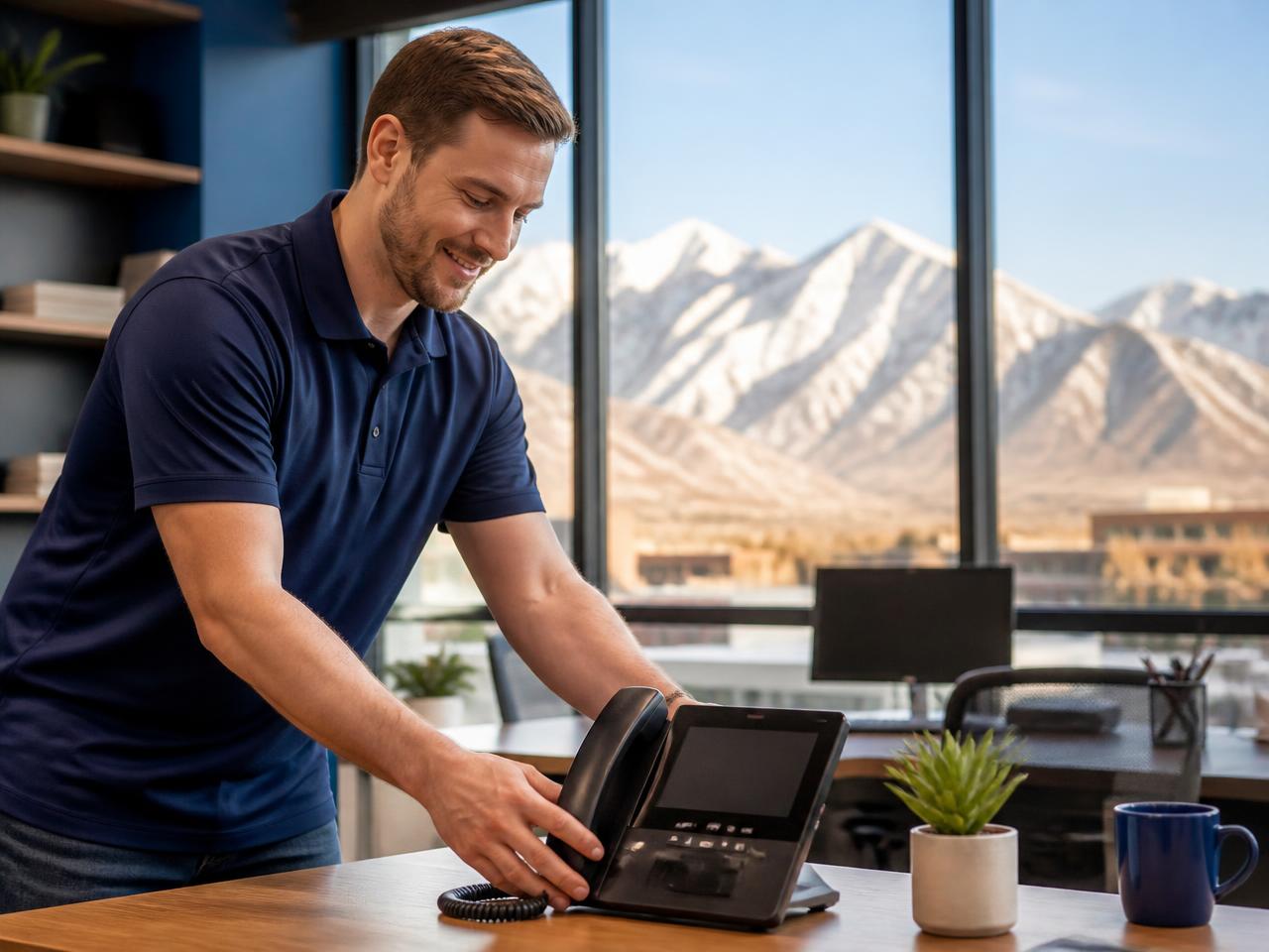 LumaVoIP technician installing a desk phone in a Lehi, Utah office with the Wasatch mountains behind